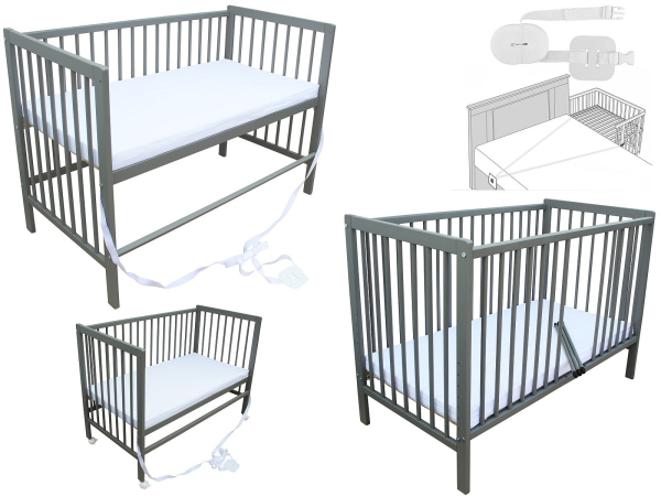 Kinderbett - Beistellbett - Babybett 120x60cm mit Matratze, Gurt und Rädern grau